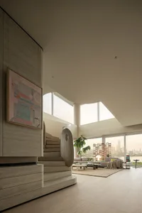 Modern double-height living room featuring a curved oak staircase, large abstract painting, neutral palette, and floor-to-ceiling windows with city view.