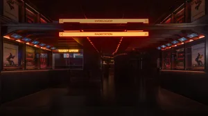 Dark cinematic lobby interior featuring glowing red neon signs for 'RADIATION' and 'TICKET OFFICE', concrete walls, and movie posters under dramatic low lighting.