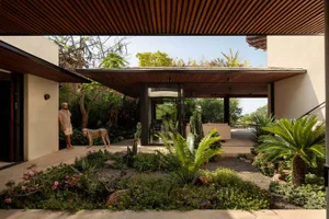 View from a covered terrace into a lush tropical courtyard garden of a modern house, featuring a man and his dog standing under a wooden slat overhang with dense greenery and flowering plants.