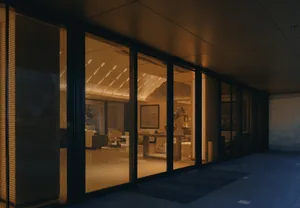 Modern house exterior featuring a long black steel-framed glass corridor glowing with warm interior lighting at dusk.