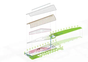Architectural exploded section drawing of a multi-level urban community center showing timber roof structure, program spaces, and surrounding green corridor.