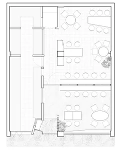 Black and white architectural floor plan of a multi-zone restaurant featuring dining areas, circular and square tables, banquette seating, and landscaped outdoor terraces.