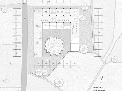 Black and white architectural floor plan and site plan of a café with labeled courtyard, drying platform, seating areas, and surrounding trees and roads.
