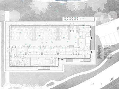 大型餐廳建築平面圖，包含長型用餐大廳、多張餐桌、廚房區域、衛浴空間及周邊整合的戶外景觀設計。