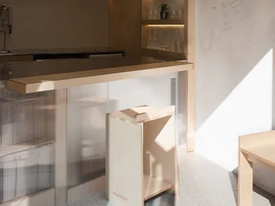 Modern minimalist kitchen corner with a light oak bar counter, fluted glass front, built-in illuminated shelving, and contemporary linear and disc pendant lights.
