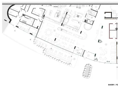 Black and white architectural floor plan of Bakery Fomich restaurant showing dining areas, kitchen, private rooms, and outdoor seating zones.