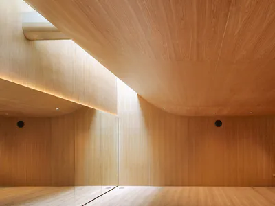 Minimalist interior featuring a large curved light oak ceiling with seamless wood paneling and hidden LED lighting.