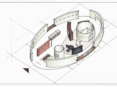 Architectural hand sketch of a circular retail interior floor plan featuring curved walls, cylindrical display volumes, and wooden fixtures.