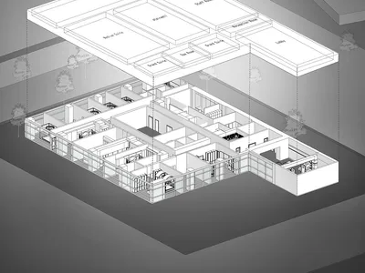 Monochrome architectural axonometric drawing showing an exploded layered floor plan of a luxury hotel with labeled suites, lobby, and staff areas.