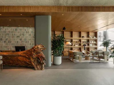 Modern hotel lobby featuring a massive live-edge wood reception desk, textured stone wall, built-in wooden bookshelves, contemporary seating area with beige upholstery, and large potted plants under warm wooden ceilings.