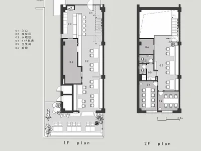 餐廳一樓與二樓黑白建築平面圖，標示入口、座位區、水吧區、VIP包房、衛生間與後廚。