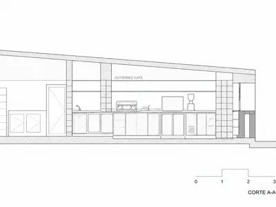 黑白建築剖面圖標示CORTE A-A，顯示古鐵雷斯咖啡的室內配置，包括服務檯、義式咖啡機、展示櫃與儲藏單元。