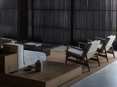 Modern minimalist living room featuring two wooden armchairs with light cushions, a low wooden coffee table, built-in platform seating, and dramatic floor-to-ceiling dark vertical wooden slat walls under a dark wood beamed ceiling.
