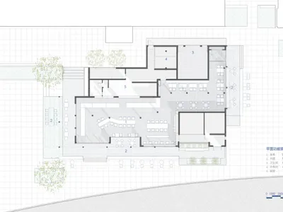 現代餐廳建築平面圖，在網格背景上標示座位區、廚房、衛浴及戶外用餐區的編號空間。
