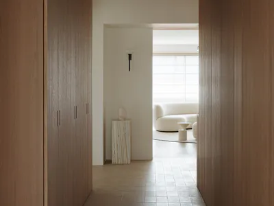 Long narrow hallway with floor-to-ceiling oak wood cabinetry and matching wood ceiling, leading to a bright living room with a curved white sofa and marble pedestal.