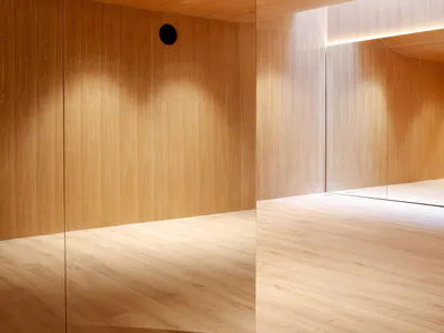 Modern minimalist corridor entirely clad in light oak wood with warm ambient cove lighting and reflective surfaces.