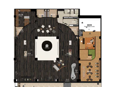 Top-down architectural floor plan of a large commercial building showing dark wood flooring, a central circular staircase, multiple fitting rooms, photography studio, live-streaming studio, bar area, lounge, and showcase zones.