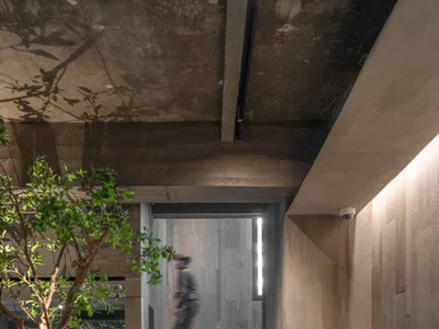 Modern minimalist hallway featuring polished concrete floors, textured concrete walls and ceiling, a built-in wooden bench with grey cushion, a large indoor tree in a concrete planter, and a staircase with wooden treads leading to a lower level.