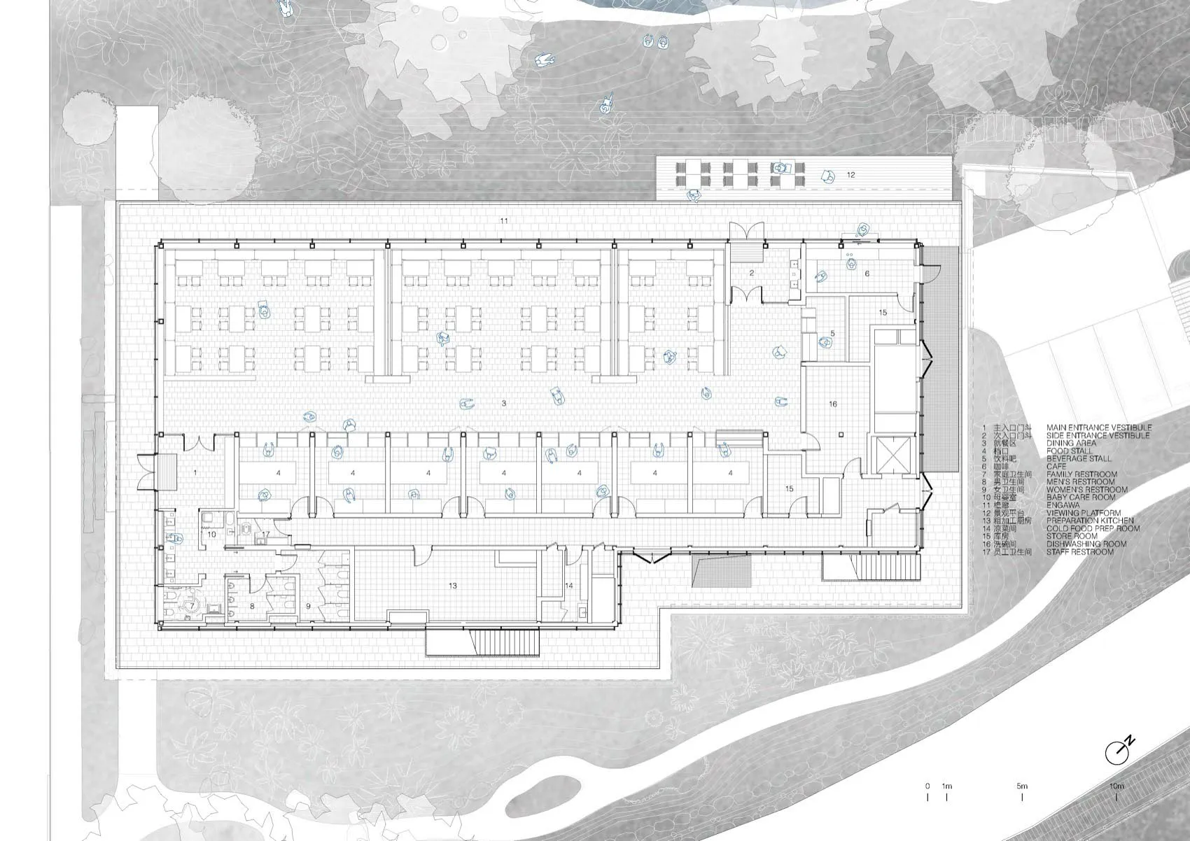 Architectural floor plan of a large restaurant complex featuring a long dining hall with numerous tables, kitchen areas, restrooms, and integrated outdoor landscape design.