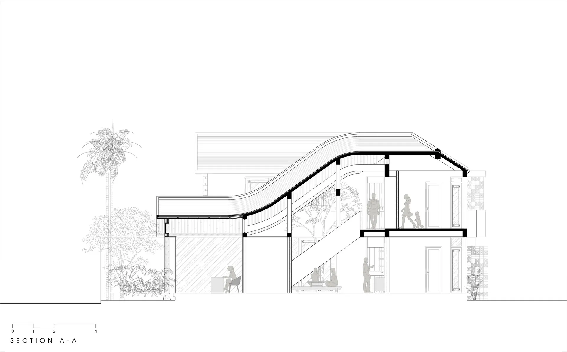 現代兩層住宅的建築剖面圖,擁有戲劇性的曲線屋頂、開放式生活空間、內部樓梯,以及帶有人物比例的茂盛熱帶植栽。