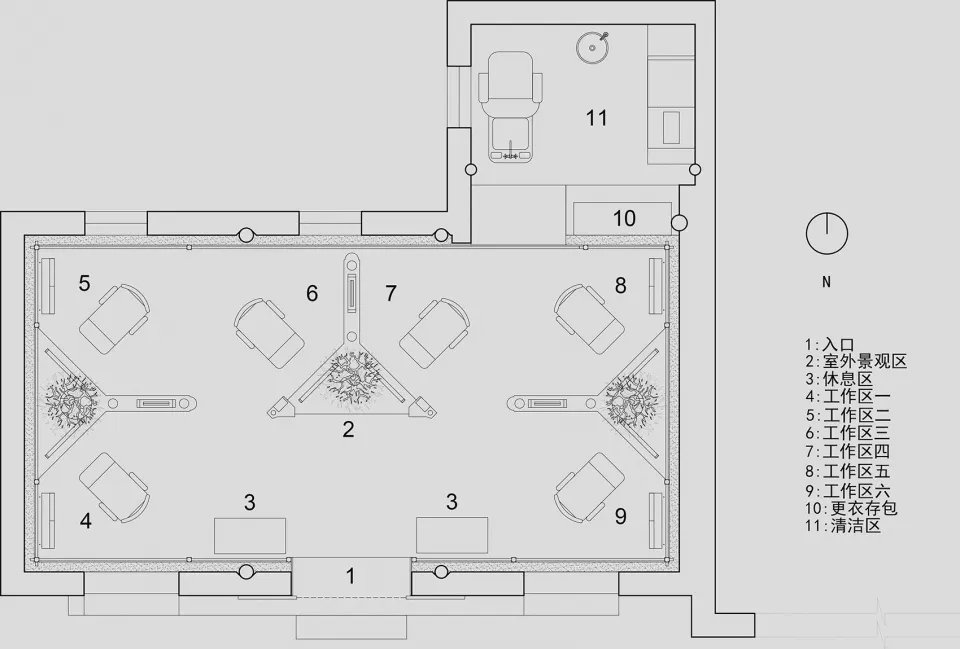 Black and white architectural floor plan of a modern open-plan office showing six workstations, a central landscaped garden, entrance, and support areas with Chinese legend.