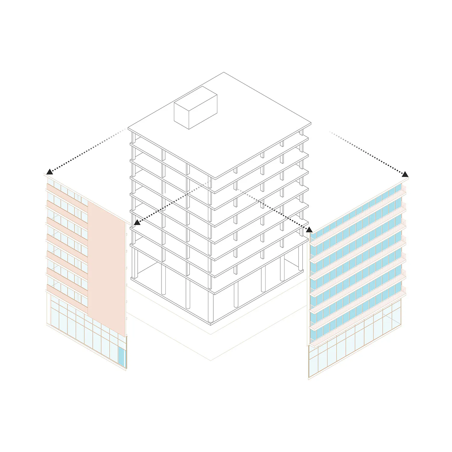 Isometric architectural rendering showing a peach-colored completed building on the left, a black-and-white structural frame of a multi-story building in the center, and a blue-glass completed building on the right, with dimension lines indicating heights.