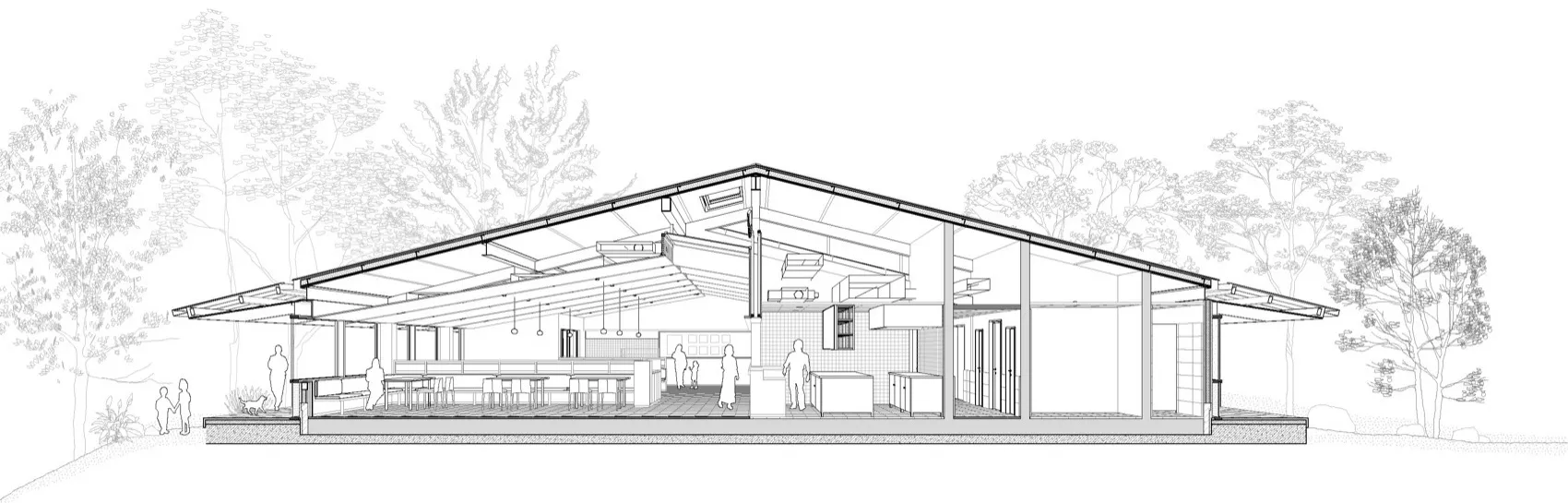 Black and white architectural section drawing of a modern single-story house with extensive glazing, exposed timber beams, open-plan kitchen and living areas, surrounded by forest.