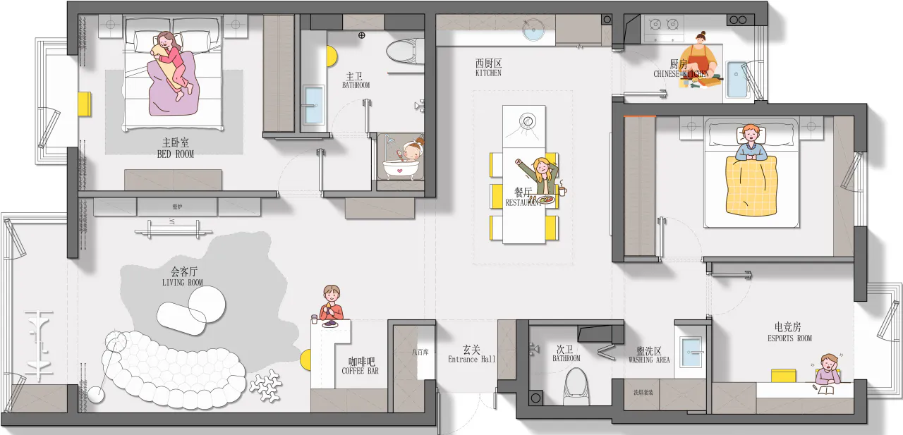 Colorful illustrated floor plan of a 3-bedroom apartment showing living room, bedrooms, kitchen, bathrooms, coffee bar, and esports room.
