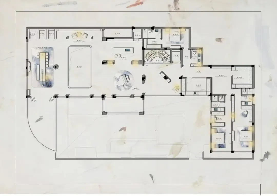 Architectural floor plan of a luxury multi-bedroom villa showing living areas, bedrooms, bathrooms, and circulation paths.