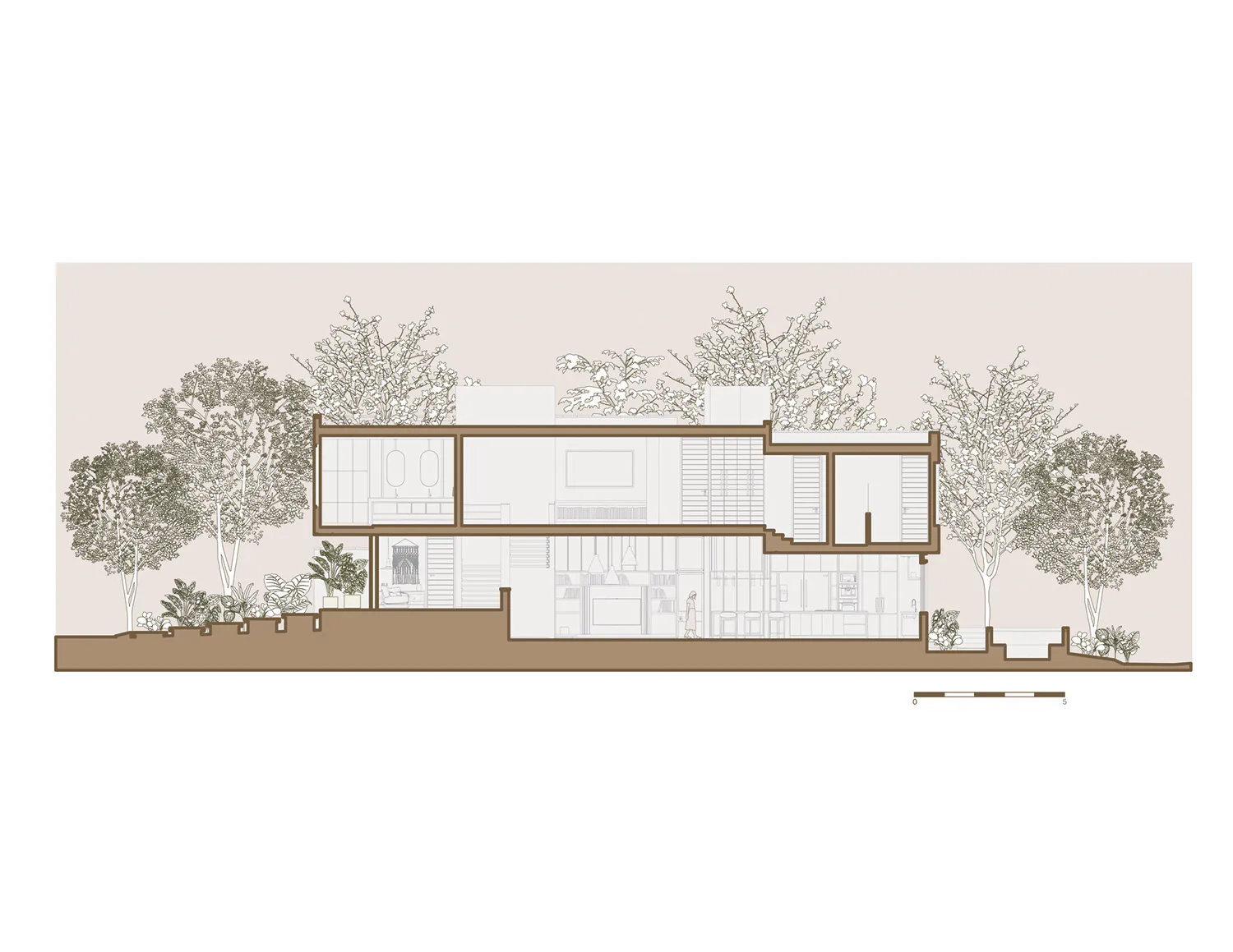 Architectural cross-section drawing of a two-story modern house integrated with surrounding trees and landscaping, showing interior layout and structural details.