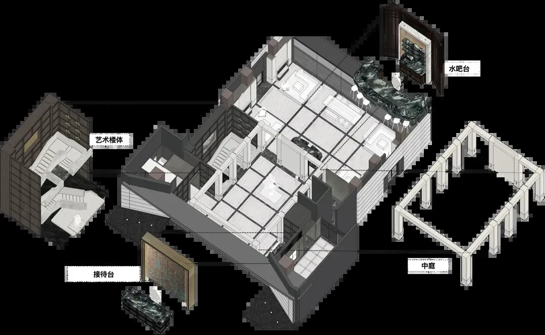 3D exploded architectural model of a luxury villa showing marble floors, water bar, art display area, reception, and central atrium courtyard.