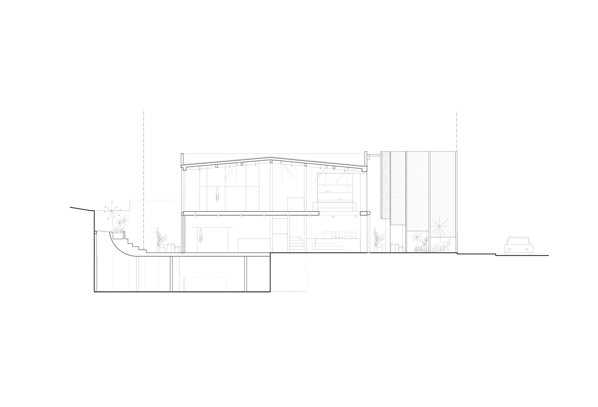 Black and white architectural section drawing of a two-story modern house showing interior spatial arrangement, concrete walls, large glass openings, and surrounding landscape elements.