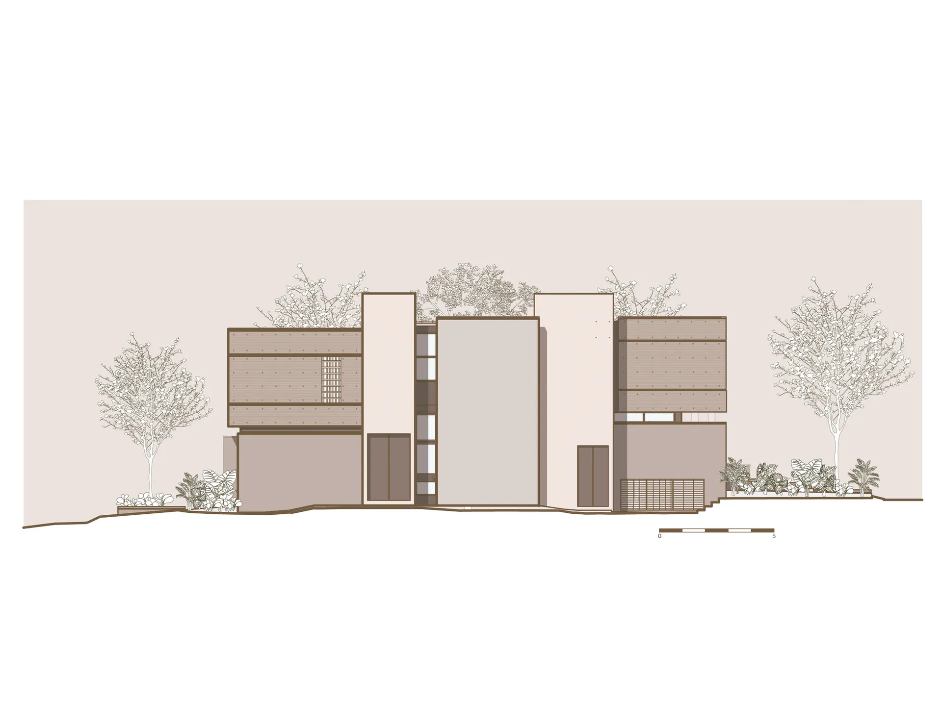 Architectural elevation drawing of a modern minimalist concrete house with geometric volumes and surrounding trees in bloom.