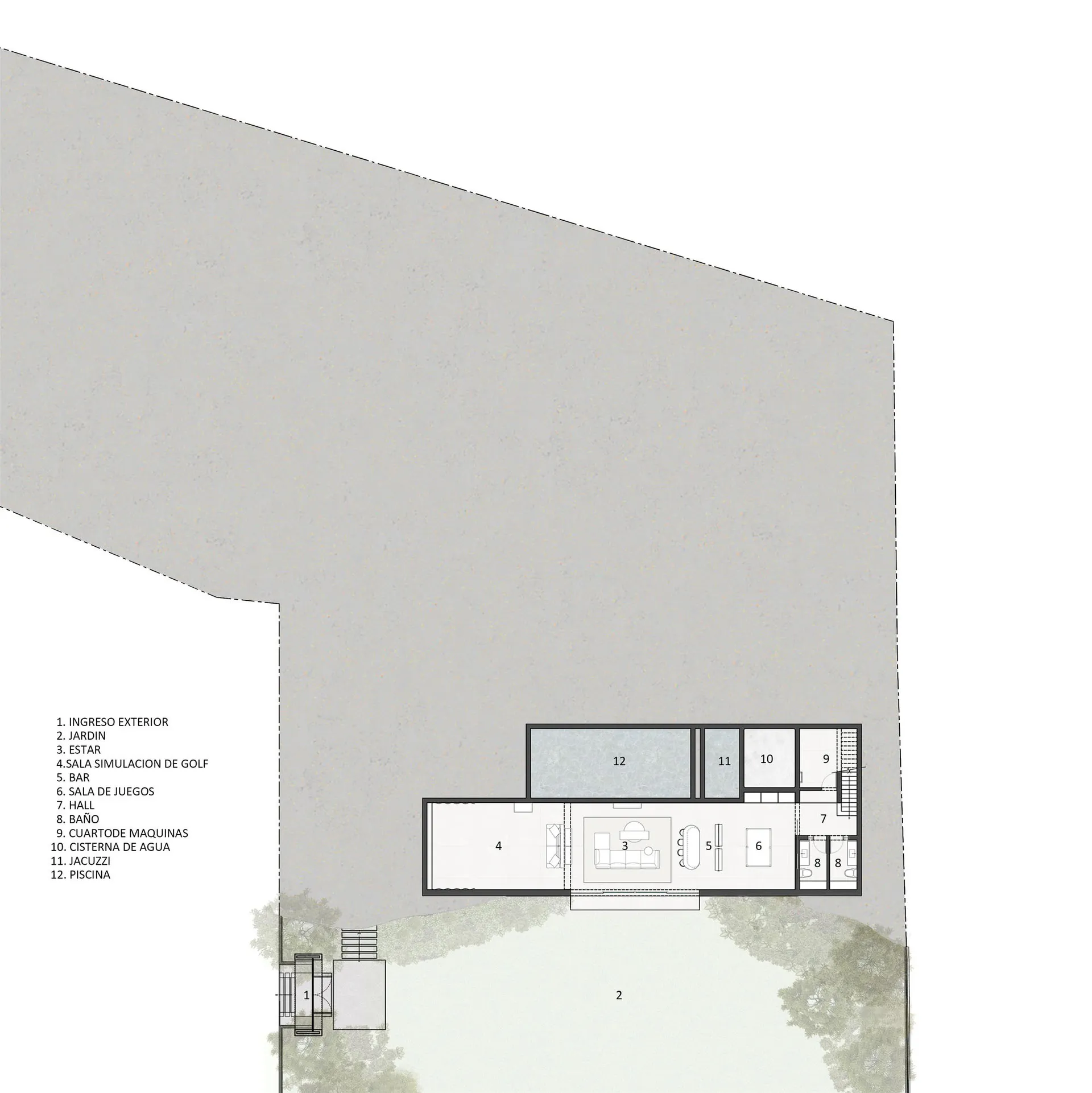 Top-down architectural floor plan of a modern luxury villa's entertainment area, including labeled rooms for pool, garden, living spaces, and mechanical rooms.