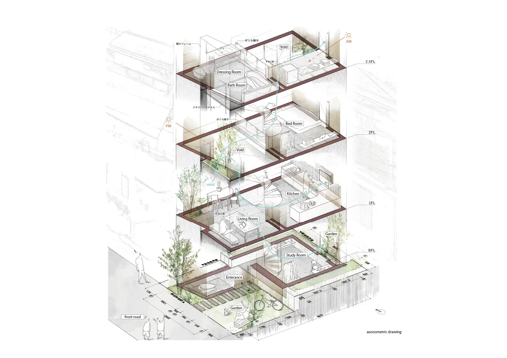 東京狹長多層住宅的建築軸測圖,呈現生活空間、樓層空隙、花園露台與自然採光路徑。