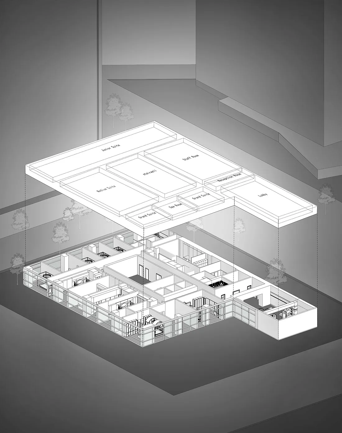 Monochrome architectural axonometric drawing showing an exploded layered floor plan of a luxury hotel with labeled suites, lobby, and staff areas.