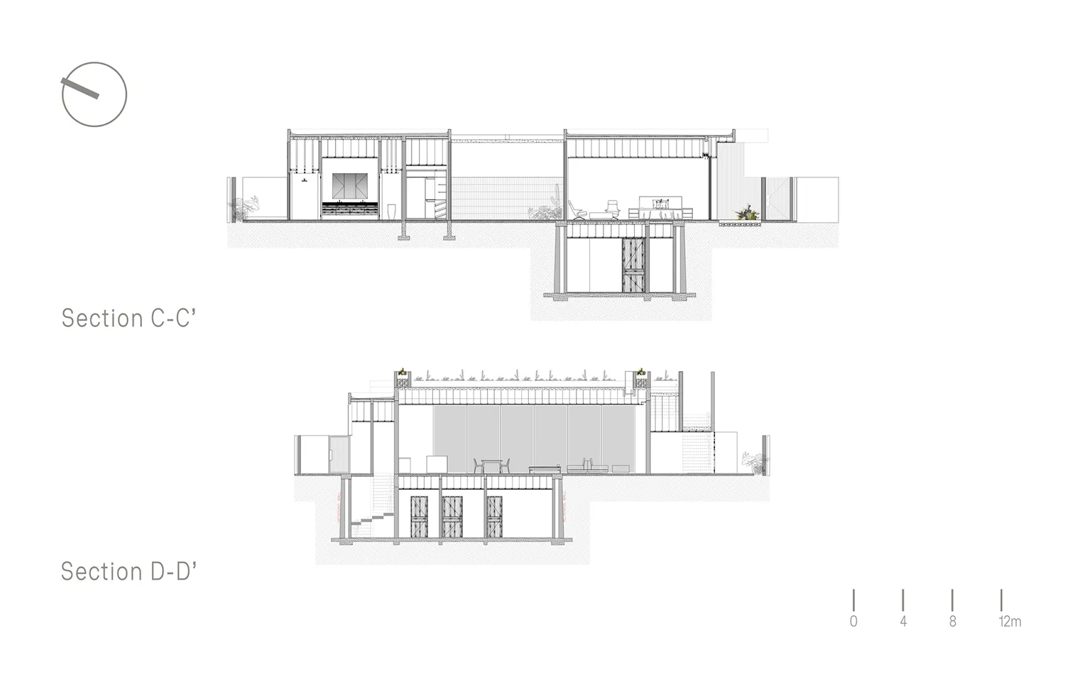 Black and white architectural cross sections labeled Section C-C’ and Section D-D’ showing a modern house interior layout, double-height spaces, and structural elements.