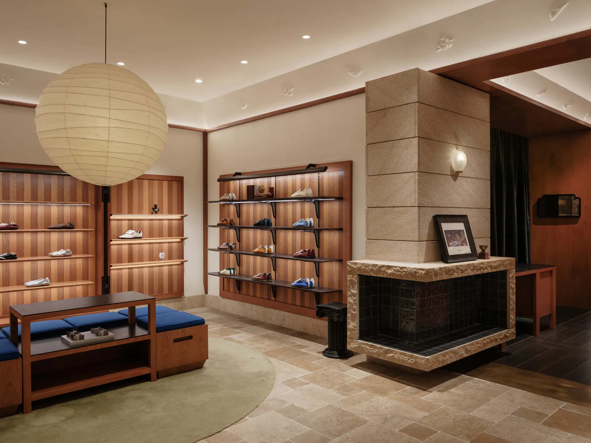 Interior view of a luxury shoe store with wooden display shelves, blue seating, a large spherical paper pendant lamp, and a prominent travertine and tile fireplace structure.