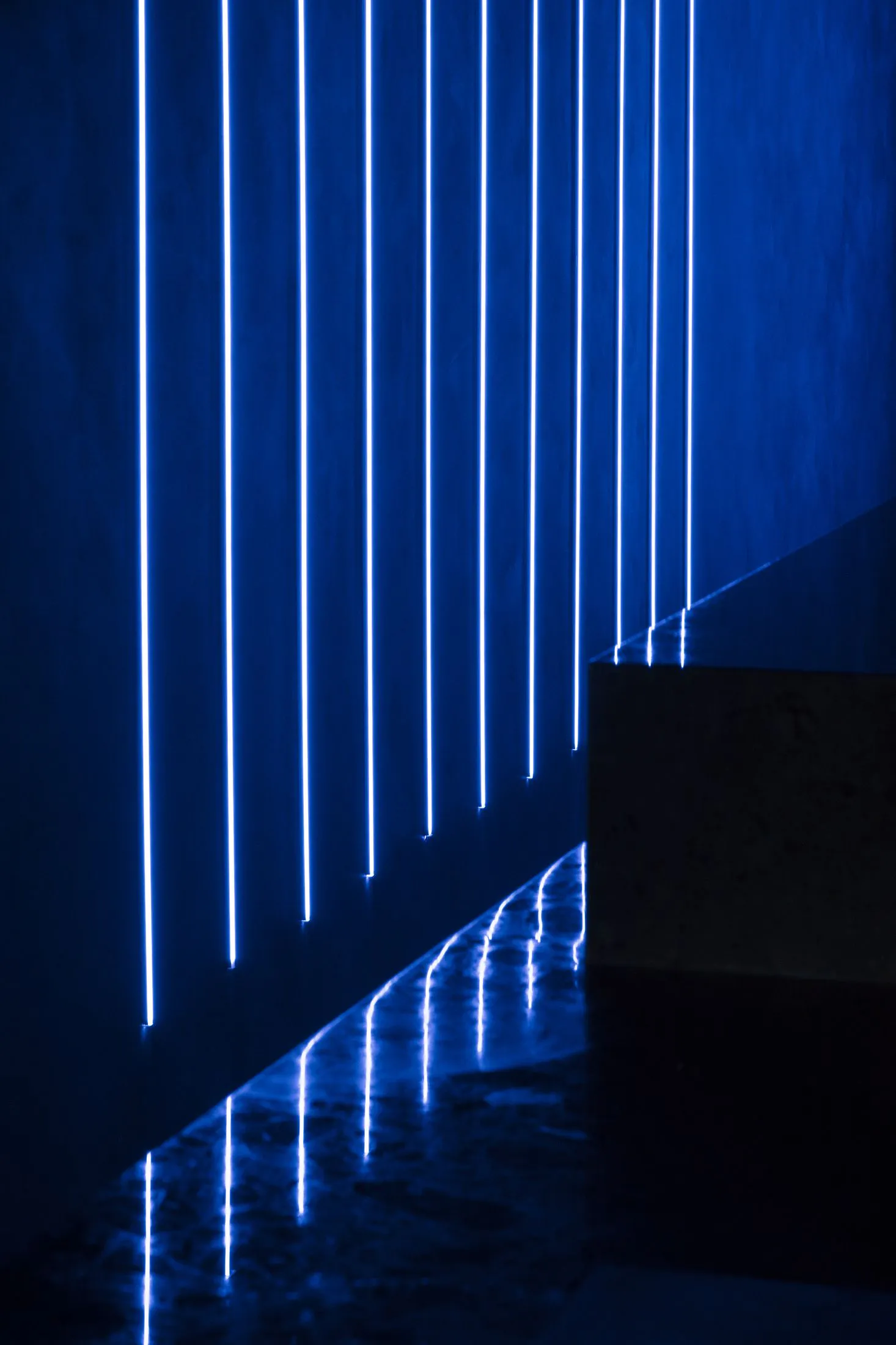 Modern concrete staircase illuminated by vertical blue LED light strips creating dramatic reflections on the steps.