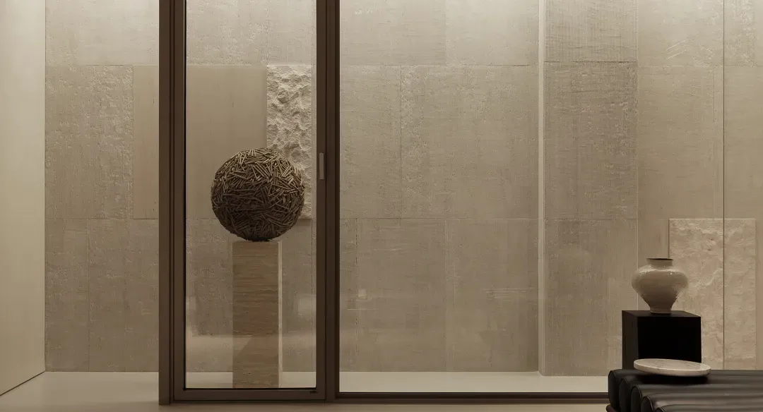 Modern minimalist entryway featuring large travertine stone tiles, a sculptural sphere made of twigs on a stone pedestal, a ceramic vase on a black plinth, and a dark leather bench.