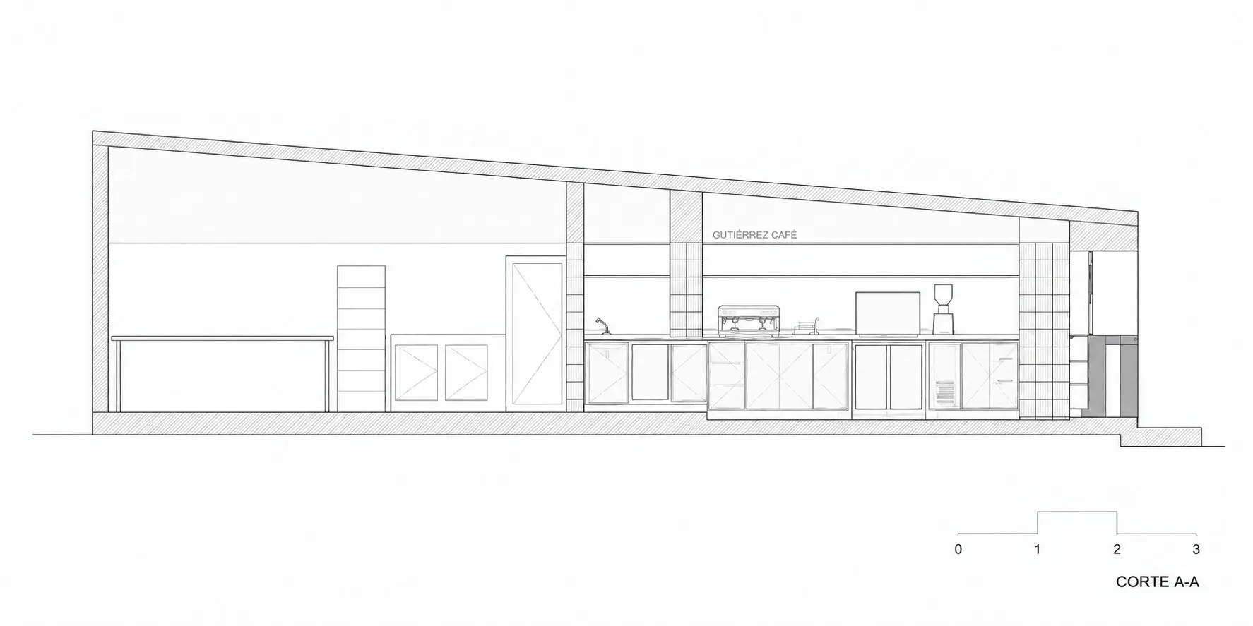 Black and white architectural section drawing labeled CORTE A-A showing the interior layout of Gutierrez Cafe with service counter, espresso machine, display cases, and storage units.