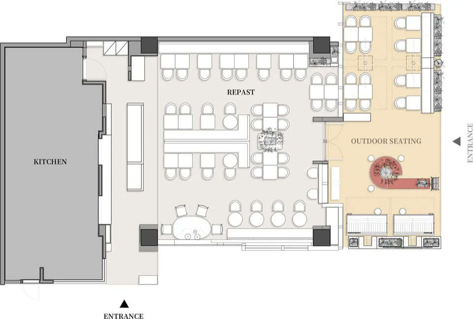 現代餐廳建築平面圖,顯示廚房、標示REPAS的主用餐區,以及設有圓形吧台與綠化的戶外座位區。