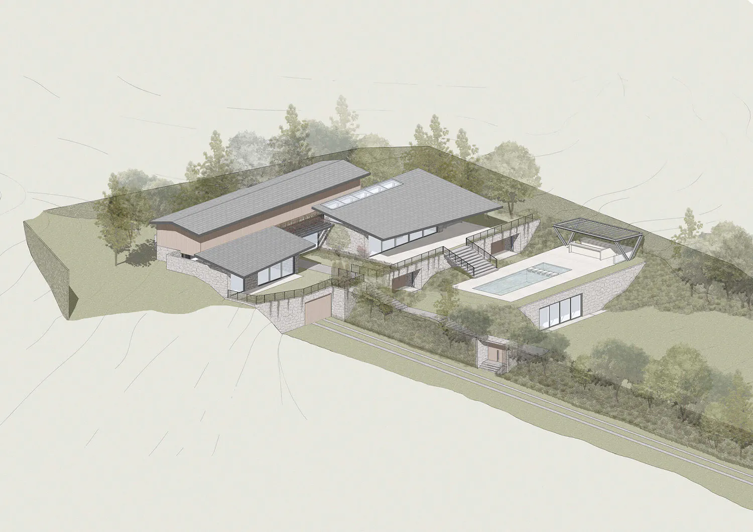 Architectural rendering of a modern multi-level hillside villa featuring extensive stone walls, dark grey roofs, large glass windows, an infinity pool, and surrounding greenery.