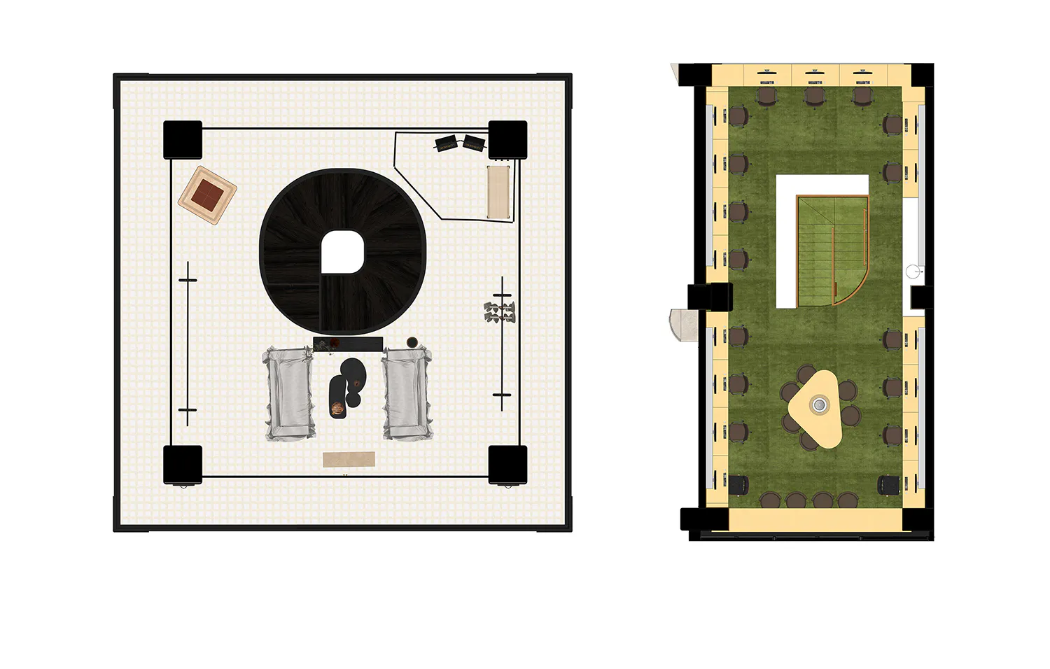 Two architectural floor plans: left shows a square room with a large circular stage and audience seating; right displays a long rectangular conference hall with tiered seating and central discussion area.