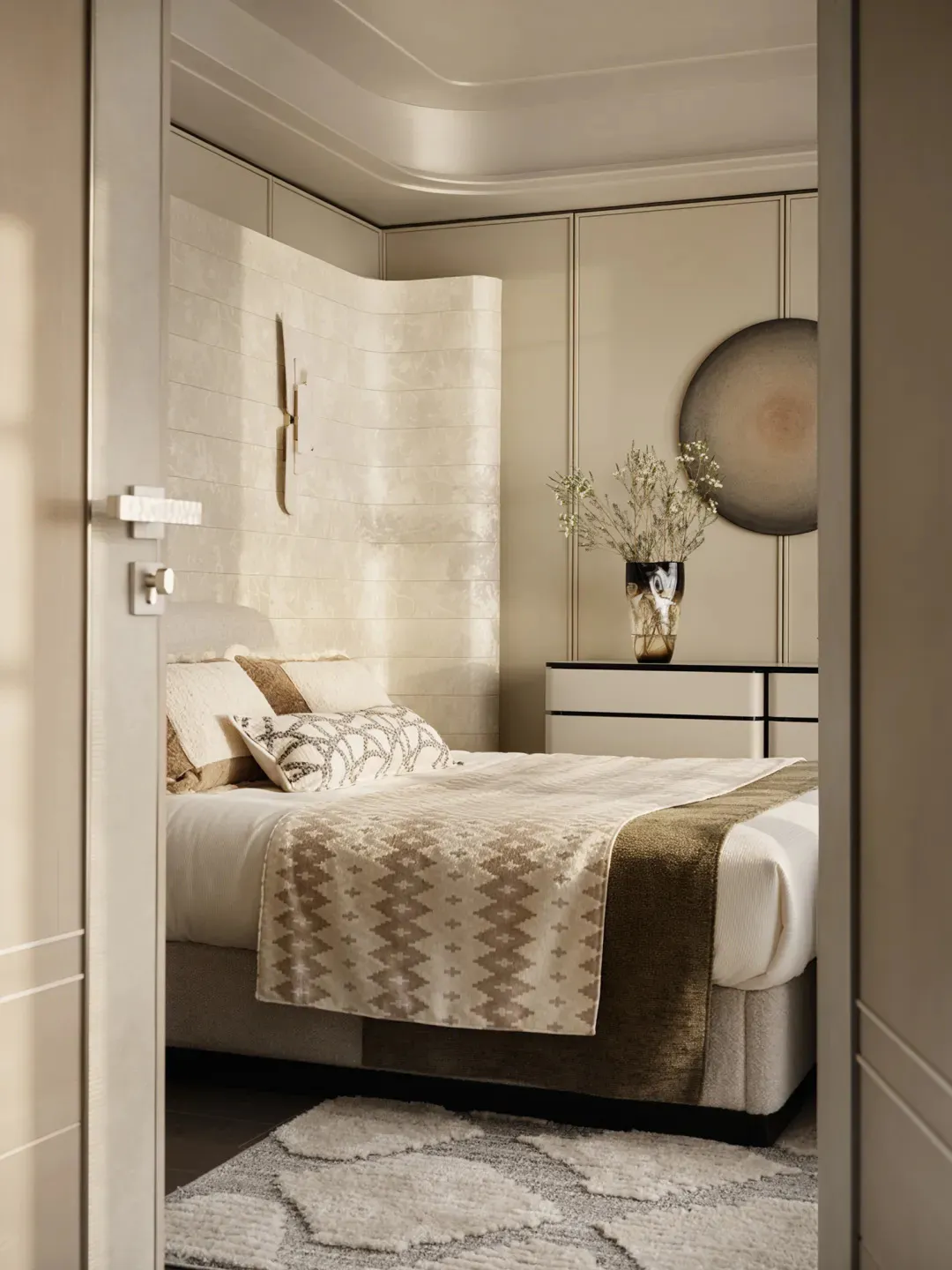 View into a modern luxury bedroom with a curved textured beige wall, neutral bedding with patterned throw, minimalist nightstand with dried floral arrangement, and a textured area rug.