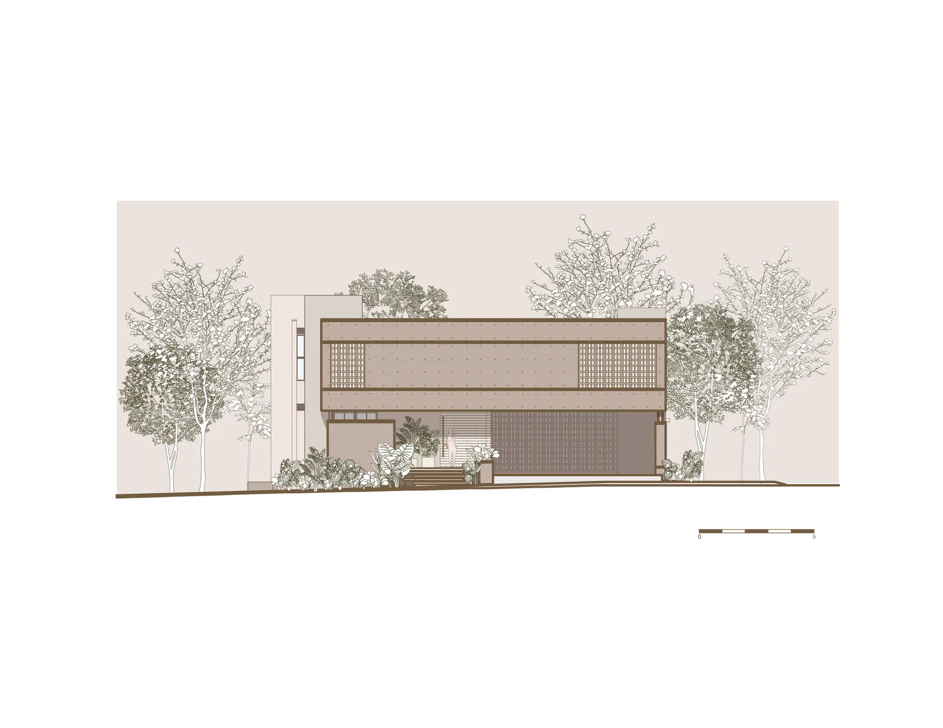 Architectural elevation drawing of a modern two-story house with a perforated metal facade, surrounded by flowering trees and tropical landscaping.