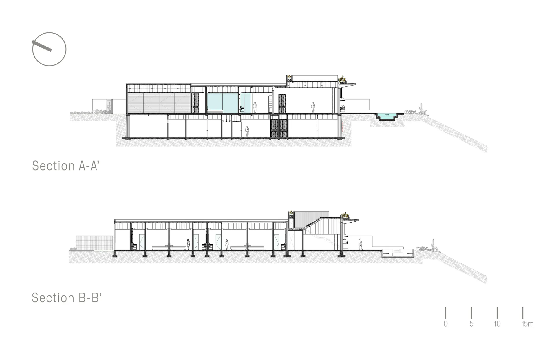 黑白建築剖面圖,標示為A-A'剖面與B-B'剖面,顯示一座現代單層沙漠住宅,並附有比例尺。
