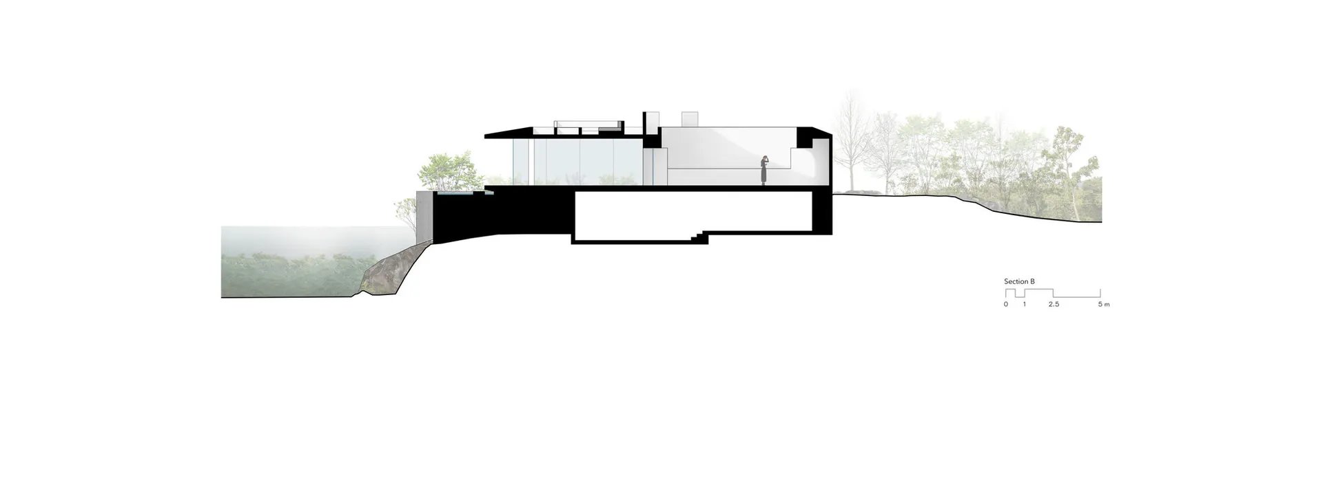 當代住宅的建築剖面圖,建於陡峭懸崖上,擁有大面積玻璃牆、混凝土結構,一名人物站在上層俯瞰森林。