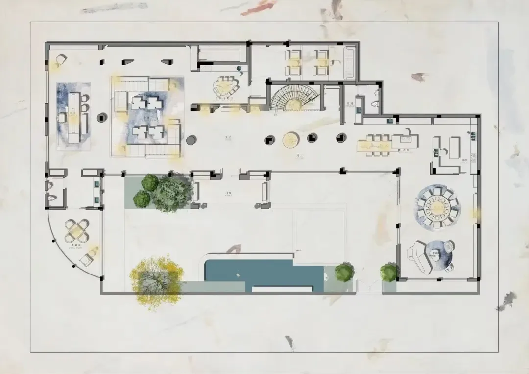 Architectural floor plan of a large modern luxury villa showing living areas, dining, bedrooms, courtyard with pool, and landscaped garden spaces.