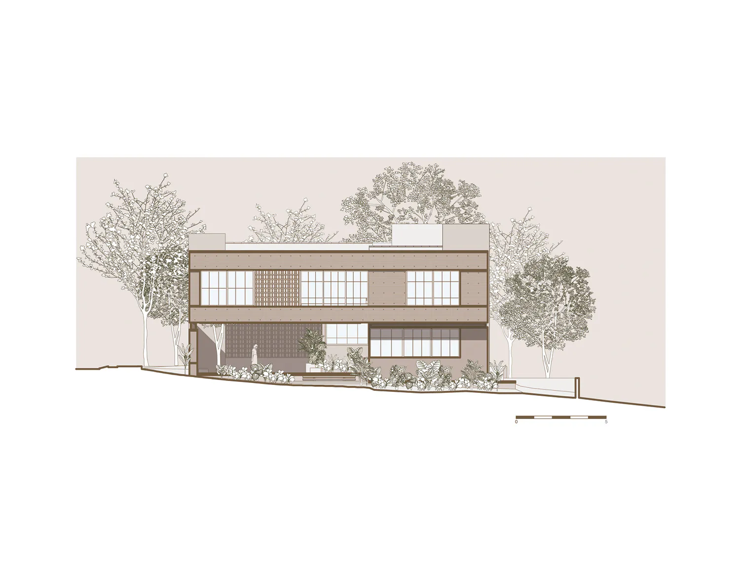 Architectural elevation drawing of a two-story modern house with wooden lattice panels, large windows, and surrounding trees.